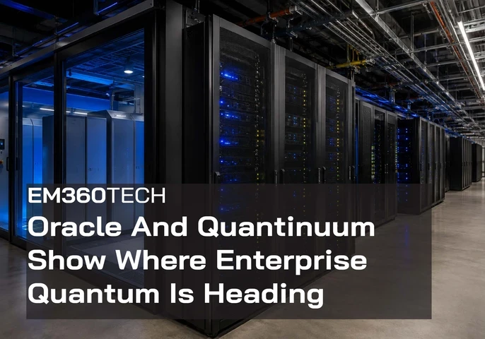 A blue-lit data centre with rows of black server racks and a glass-enclosed equipment area. Overlaid text reads: &ldquo;EM360TECH Oracle And Quantinuum Show Where Enterprise Quantum Is Heading.&rdquo;