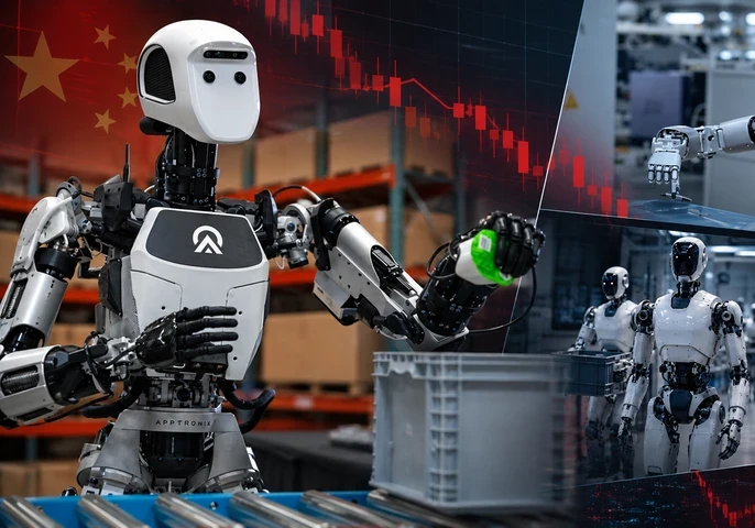 Humanoid robots in a collage in front of stocks.