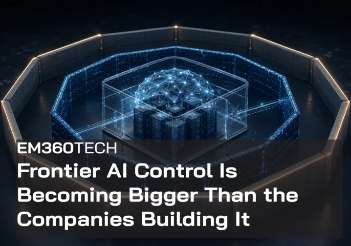 EM360Tech header graphic showing an AI network above server infrastructure enclosed by multiple layers of digital and physical barriers. Text reads: “Frontier AI Control Is Becoming Bigger Than the Companies Building It.” 