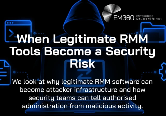 EM360Tech header graphic on a black background showing a blue-outlined hooded figure behind a laptop, surrounded by remote-access icons. White text reads: “When Legitimate RMM Tools Become a Security Risk. We look at why legitimate RMM software can become attacker infrastructure and how security teams can tell authorised administration from malicious activity.”