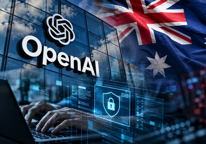 A collage of images with the OpenAI logo, the Australian flag and a log and key visual depicting a cybersecurity breach.