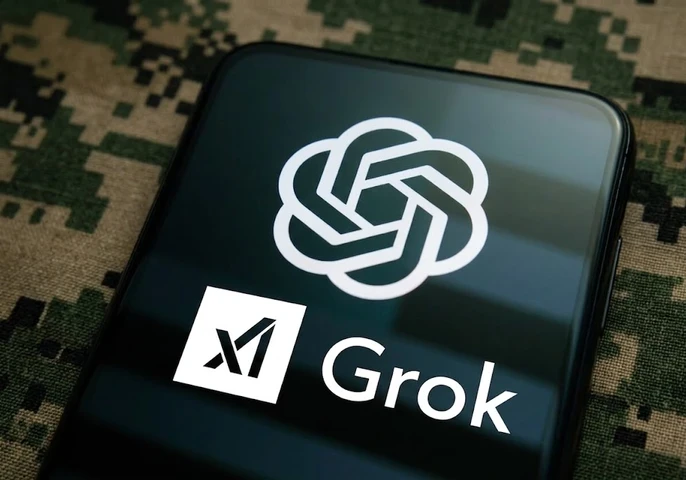 A smartphone against a camouflage background with the screen displaying the OpenAI and Grok logos.