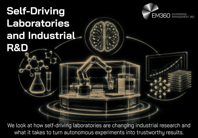 EM360Tech header graphic featuring a beige vector illustration of a robotic arm working with laboratory equipment, test tubes and sample trays against a black background. Large white text reads “Self-Driving Laboratories and Industrial R&D”, with the subtitle “We look at how self-driving laboratories are changing industrial research and what it takes to turn autonomous experiments into trustworthy results.” The white EM360Tech logo appears in the top-right corner.