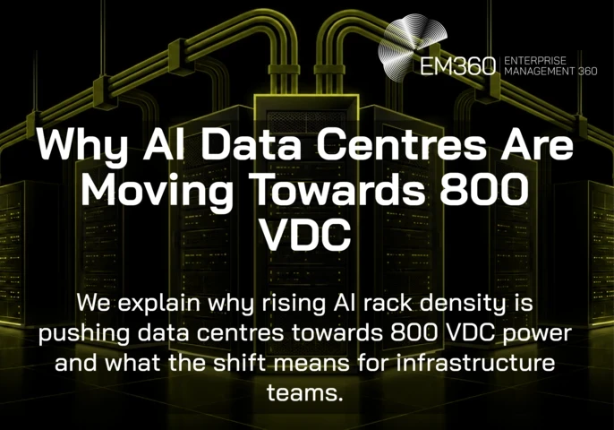 Black header graphic showing olive green illuminated data centre server racks and overhead power cables. White text reads “Why AI Data Centres Are Moving Towards 800 VDC”, with the subtitle about rising AI rack density and the EM360 logo in the top right.