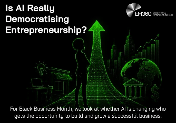 An EM360 header graphic exploring whether AI is changing who gets the opportunity to build and grow successful businesses. A silhouetted entrepreneur stands beside a glowing green path rising into an arrow, surrounded by imagery representing a small business, ideas, economic growth, global markets, finance and investment. Created for Black Business Month, the graphic introduces the question of whether wider access to AI is translating into wider access to entrepreneurship and business growth.