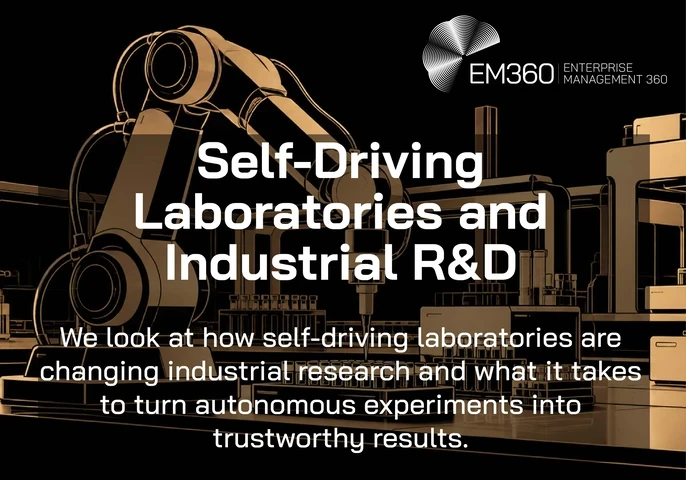 EM360Tech header graphic featuring a beige vector illustration of a robotic arm working with laboratory equipment, test tubes and sample trays against a black background. Large white text reads “Self-Driving Laboratories and Industrial R&D”, with the subtitle “We look at how self-driving laboratories are changing industrial research and what it takes to turn autonomous experiments into trustworthy results.” The white EM360Tech logo appears in the top-right corner.
