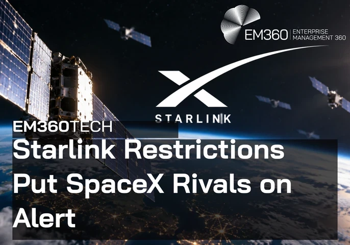 EM360Tech article header showing a large satellite with blue solar panels above Earth's curved horizon, with smaller satellites against a dark, starry sky. The white Starlink logo appears centrally, with the EM360 logo in the upper right. Large white text reads “EM360TECH Starlink Restrictions Put SpaceX Rivals on Alert” over a semi-transparent black panel across the lower half.