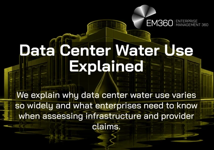 Black EM360Tech header graphic showing an olive data centre with server racks, cooling units and pipes reflected in rippling water, with a large water droplet in front. White text reads “Data Center Water Use Explained” and “We explain why data center water use varies so widely and what enterprises need to know when assessing infrastructure and provider claims.”