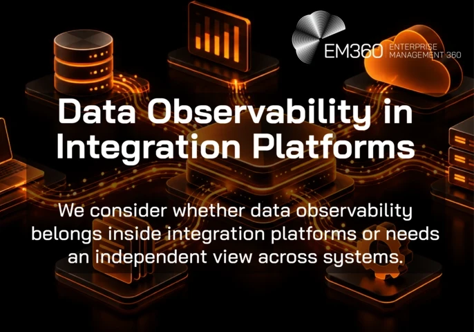 Landscape header graphic with a black background and glowing orange illustrations of interconnected databases, servers, a cloud, laptop, documents and gear surrounding a central data hub. Bright orange data streams connect the systems. The white EM360Tech logo appears in the upper right. Large white text reads “Data Observability in Integration Platforms”, with the subtitle “We consider whether data observability belongs inside integration platforms or needs an independent view across systems.”