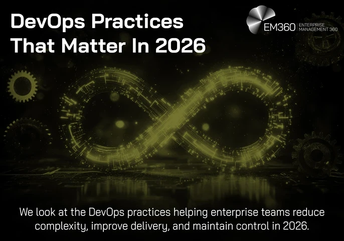 Dark EM360Tech header image titled “DevOps Practices That Matter In 2026”. A glowing yellow-green infinity loop, representing the continuous DevOps lifecycle, dominates the centre against a black digital background with faint gears and technological details. Supporting text states: “We look at the DevOps practices helping enterprise teams reduce complexity, improve delivery, and maintain control in 2026.” The EM360 Enterprise Management 360 logo appears in the upper-right corner.