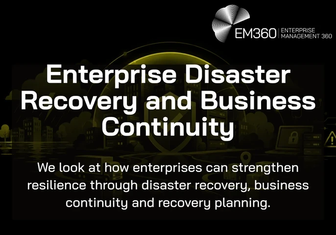 Black header graphic with an olive-green illustration of buildings and data centres protected by a glowing dome and shield with a tick. Storm clouds, lightning, floodwater, a delivery truck, packages and cybersecurity icons surround the scene. Large white text reads “Enterprise Disaster Recovery and Business Continuity”, with the subtitle “We look at how enterprises can strengthen resilience through disaster recovery, business continuity and recovery planning.” The white EM360 logo appears in the top-right 