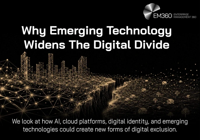 An EM360 header graphic illustrating the growing divide between digitally advanced and underserved environments. A connected, technology-rich cityscape sits on one side of a deep divide, while a sparsely connected rural community appears on the other. The image represents how AI, cloud platforms, digital identity and other emerging technologies can deepen digital exclusion when access to infrastructure, connectivity and technological resources remains unequal.