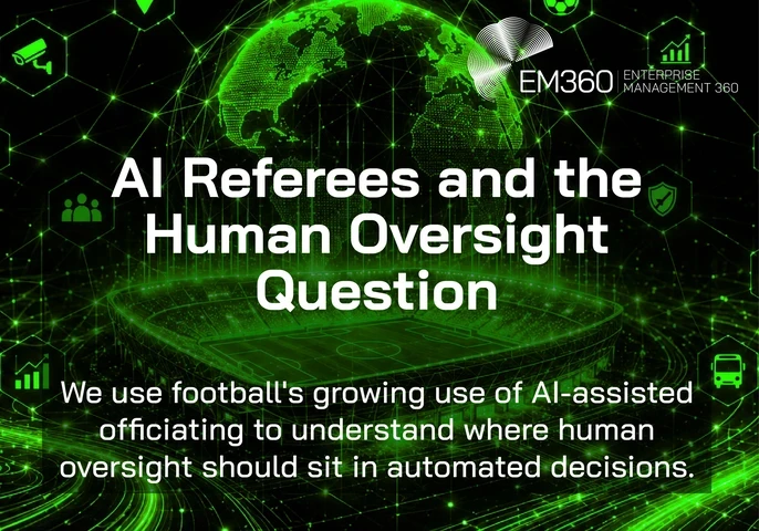 An EM360 header graphic exploring the role of human oversight in AI-assisted decision-making. A glowing digital football stadium and connected globe are surrounded by technology, security, analytics and monitoring icons, representing the systems involved in automated decisions. The graphic uses football&rsquo;s growing adoption of AI-assisted officiating to frame the wider question of where human judgement and oversight should remain when decisions become increasingly automated.