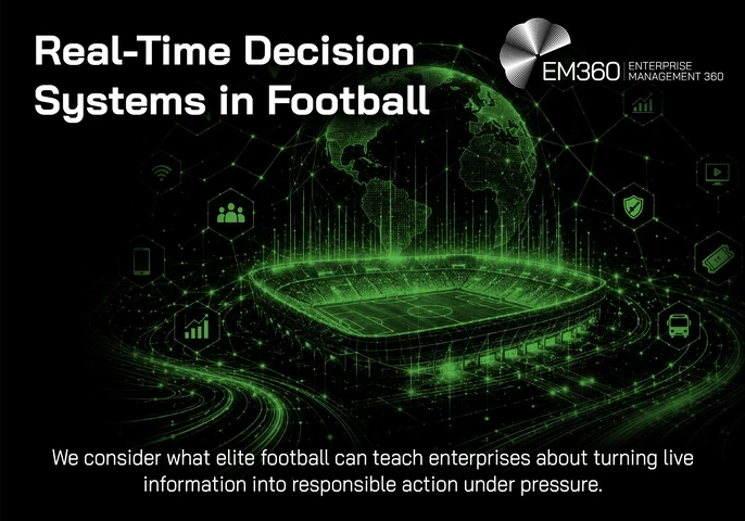 Header graphic titled &ldquo;Real-Time Decision Systems in Football&rdquo;. A glowing green digital football stadium sits beneath a connected globe, surrounded by icons representing data, people, security, transport, media and other systems. Supporting text introduces what elite football can teach enterprises about turning live information into responsible action under pressure. The EM360 logo appears at the top.