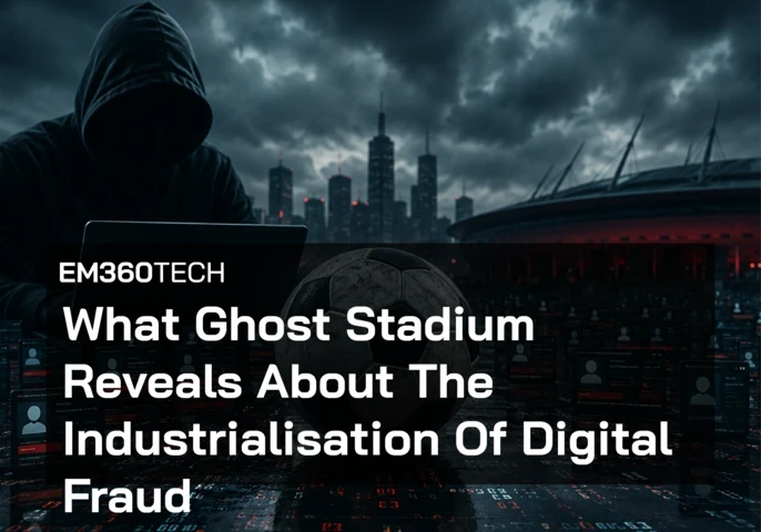 A dark cybercrime-themed illustration showing a hooded figure using a laptop beside a large football in the foreground. Digital profile screens and red data streams cover the ground, while a brightly lit stadium and city skyline sit beneath storm clouds in the background. An EM360Tech headline overlay reads: "What Ghost Stadium Reveals About The Industrialisation Of Digital Fraud."