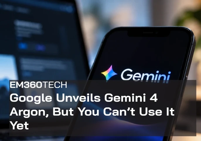 Close-up of a smartphone displaying the colourful Google Gemini logo against a dark blue blurred laptop background, overlaid with the white EM360Tech headline, “Google Unveils Gemini 4 Argon, But You Can’t Use It Yet,” on a translucent black panel.