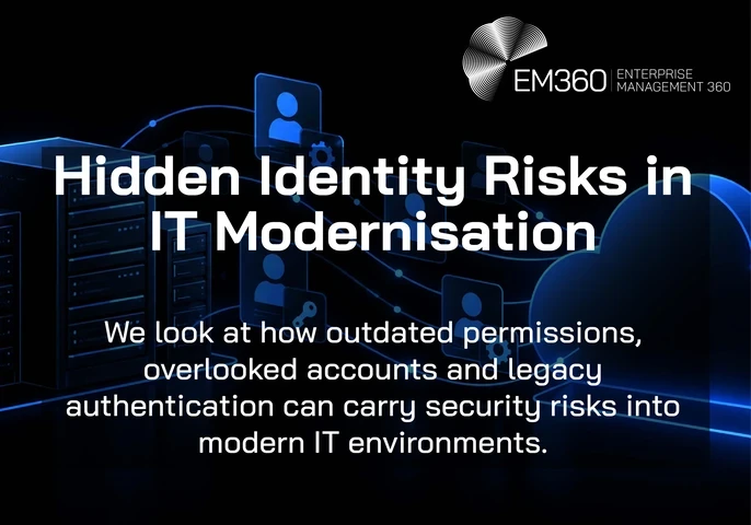 EM360Tech header graphic with a black background, showing blue server racks connected to a cloud by glowing lines and digital identity icons. The white EM360 logo appears at the top right, above the title “Hidden Identity Risks in IT Modernisation” and the subtitle “We look at how outdated permissions, overlooked accounts and legacy authentication can carry security risks into modern IT environments.”
