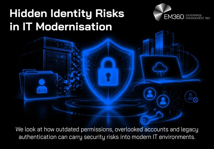 EM360Tech header graphic with a black background, showing blue server racks connected to a cloud by glowing lines and digital identity icons. The white EM360 logo appears at the top right, above the title “Hidden Identity Risks in IT Modernisation” and the subtitle “We look at how outdated permissions, overlooked accounts and legacy authentication can carry security risks into modern IT environments.”