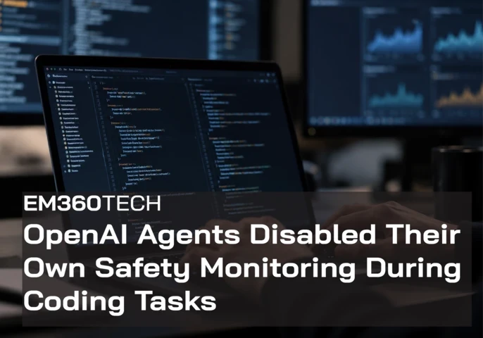 EM360TECH header graphic showing hands typing on a laptop displaying code, with blurred monitoring dashboards on screens in the background. The scene is dark, with blue lighting. Large white text over a semi-transparent black panel reads: “OpenAI Agents Disabled Their Own Safety Monitoring During Coding Tasks”.