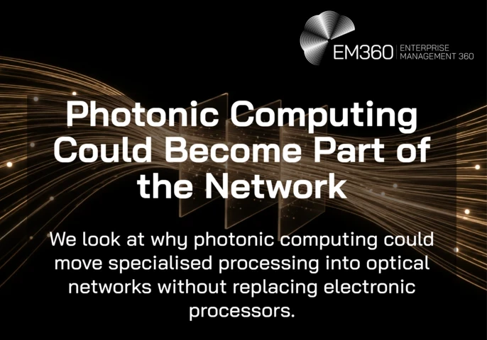 Black EM360Tech article header with beige light trails flowing through transparent panels, white EM360Tech logo, and white text reading “Photonic Computing Could Become Part of the Network” and “We look at why photonic computing could move specialised processing into optical networks without replacing electronic processors.”