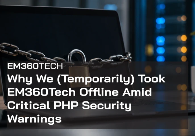 Header graphic showing a dark laptop wrapped in a metal chain and padlock, with blurred blue and amber server lights in the background. Large white text over a translucent black panel reads: “Why We (Temporarily) Took EM360Tech Offline Amid Critical PHP Security Warnings”, with EM360TECH branding above.