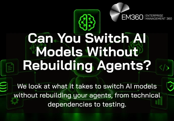 Black background with neon-green AI graphics, including a central robot surrounded by glowing brain, network, document, database, code, security and analytics icons connected by lines and arrows. White EM360Tech logo at the top right. Large white headline reads “Can You Switch AI Models Without Rebuilding Agents?” Below, smaller white text reads “We look at what it takes to switch AI models without rebuilding your agents, from technical dependencies to testing.” A semi-transparent black panel sits behind th