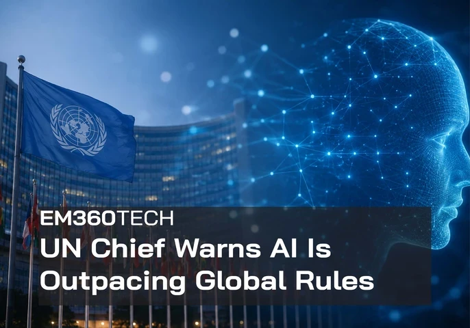 UN headquarters building with a United Nations flag in the foreground and a glowing digital AI network visualisation overlaid against a blue background, illustrating global concerns about artificial intelligence governance and regulation. Visible text reads: "EM360TECH UN Chief Warns AI Is Outpacing Global Rules". 