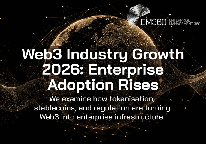 Header graphic for an EM360Tech article titled "Web3 Industry Growth 2026: Enterprise Adoption Rises". A glowing digital globe centred on Europe and Africa is formed from interconnected beige-gold data points and network lines against a black background. Flowing particle waves cross the foreground, symbolising global connectivity, tokenisation, and enterprise Web3 infrastructure.