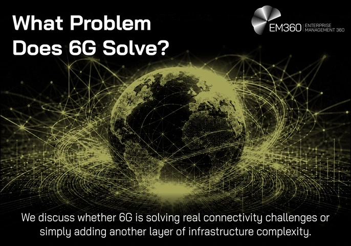 EM360Tech article header graphic titled “What Problem Does 6G Solve?” A glowing digital globe sits at the centre of a dark background, surrounded by dense networks of interconnected lines, nodes and data-like pathways stretching around the planet. The visual represents increasingly complex global communications infrastructure and machine-to-machine connectivity. The subtitle asks whether 6G is solving real connectivity challenges or simply adding another layer of infrastructure complexity.