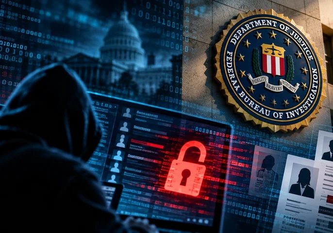 A hacker sitting in front of a screen with the FBI logo in the background.