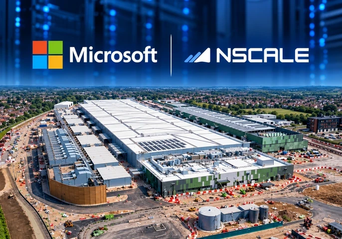 A composite image of the Microsoft and Nscale logo alongside a data centre construction site.