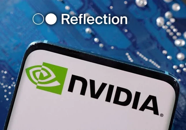 The Nvidia logo on a smartphone screen and the Reflection AI logo at the top overlaid on a blue circuit board.