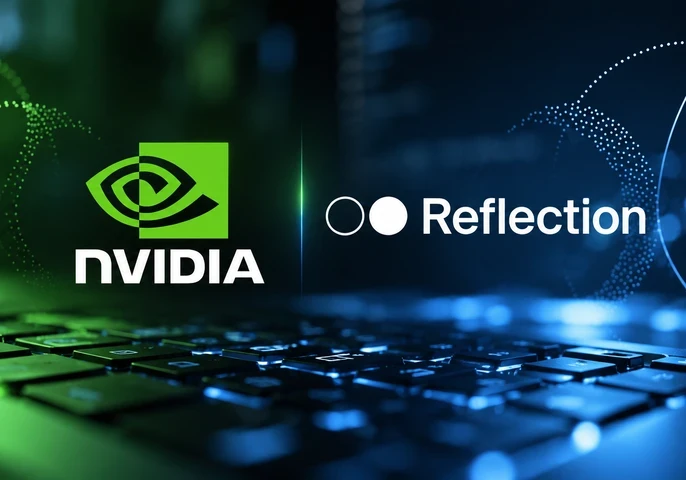 The Nvidia and Reflection AI logos on a blue and green background with a keyboard.