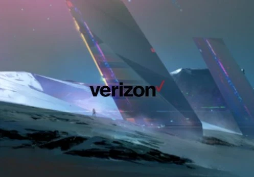 Verizon logo on a colourful background that looks like glass structures.