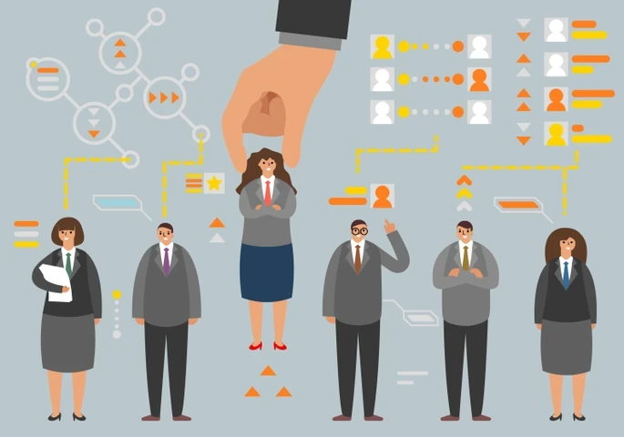 A row of animated businesspeople with icons of data on top of their heads.