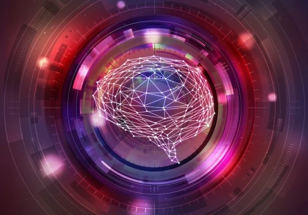 red and pink lens focusing on a line sketch of a brain
