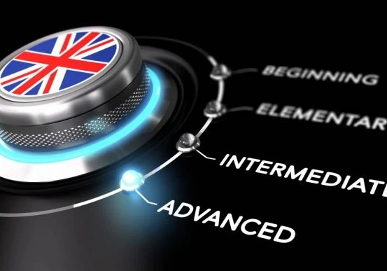 A dial with a UK flag surrounded by the words, "Beginning", "Elementary", "Intermediate" and "Advanced"