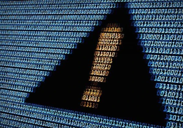 Binary code creating an image of an exclamation mark creating a warning sign