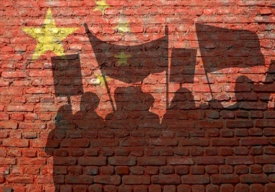 A shadow of a protesting crowd with banners against a brick wall with the EU logo on it in yellow