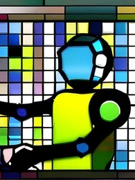 A stained glass depiction of a man and a robot shaking hands.