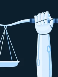 Robotic arm holding up scales.