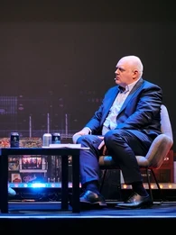 Dara O Briain and Hannah Fry having a discussion on stage at DTX + UCX Europe 2023