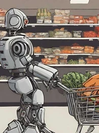 Robot pushing a shopping cart with groceries in.