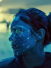 A woman with a tracking grid projected onto her face.
