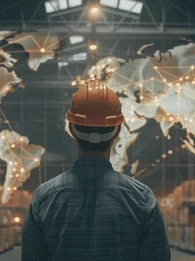 A person in a hardhat looking up at a virtual map of the world in a warehouse.