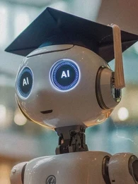 An animated robot with a graduation cap and its eyes showing the words "AI"