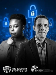 Header image featuring the Security Strategist podcast host Keyari Page and Mostyn Thomas, Senior Director of Security at Pax8.