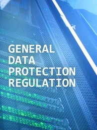 Text "GDPR" and "General Data Protection Regulation" on the backdrop of blue servers.