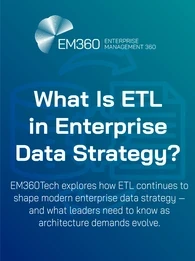 Title card with the EM360Tech logo and headline text: 'What Is ETL in Enterprise Data Strategy?' Subheading reads: 'EM360Tech explores how ETL continues to shape modern enterprise data strategy — and what leaders need to know as architecture demands evolve.' The background features a faint vector-style illustration of a data pipeline icon in blue gradient tones.