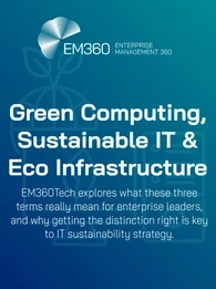 EM360Tech article header image with the title "Green Computing, Sustainable IT & Eco Infrastructure" on a blue gradient background. Subheading reads: "EM360Tech explores what these three terms really mean for enterprise leaders, and why getting the distinction right is key to IT sustainability strategy." Line art icons of a globe with leaves and a server are faintly visible in the background.